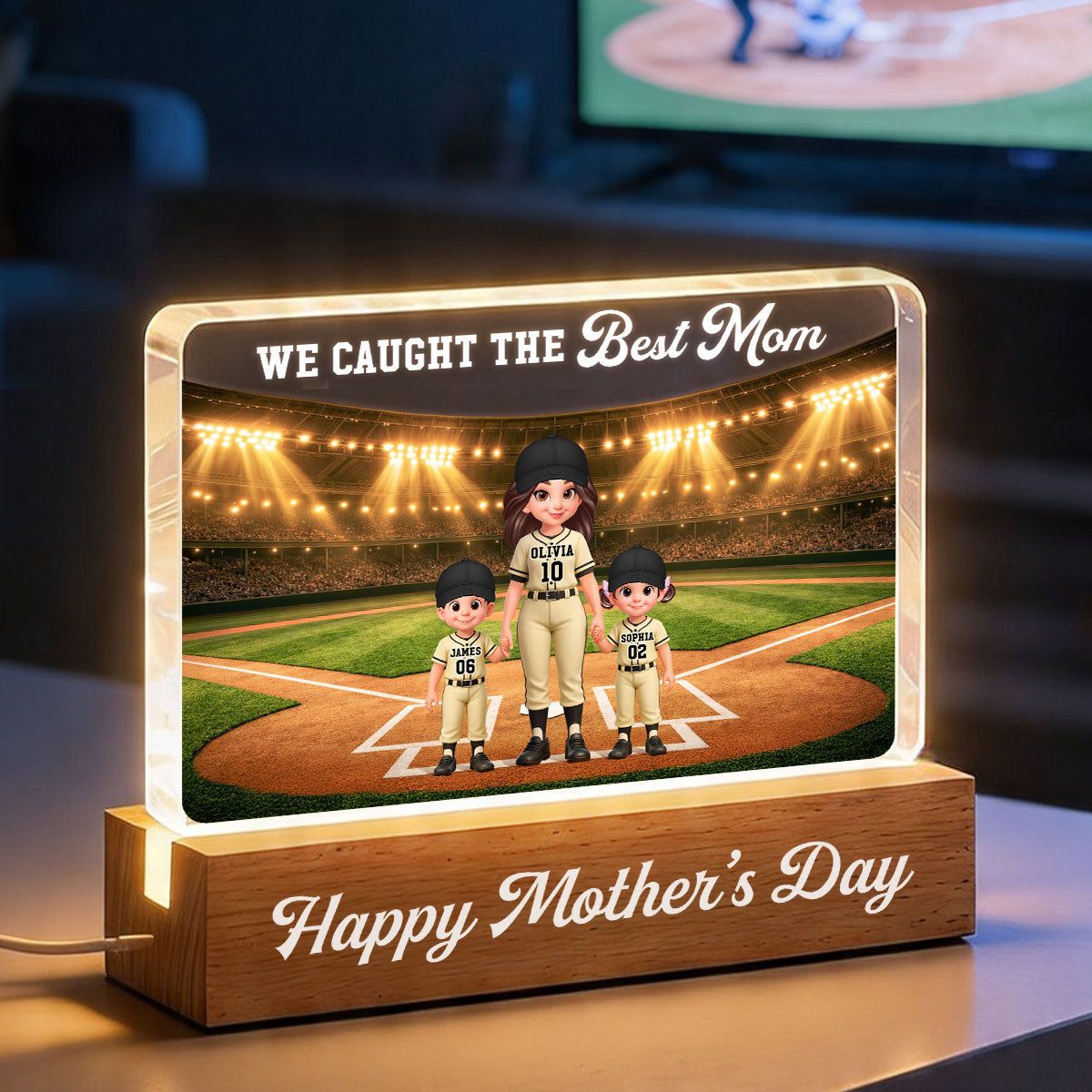We Caught The Best Baseball Mom - Personalized Acrylic Block LED Night Light - Mother's Day Gift For Baseball Mom, Wife