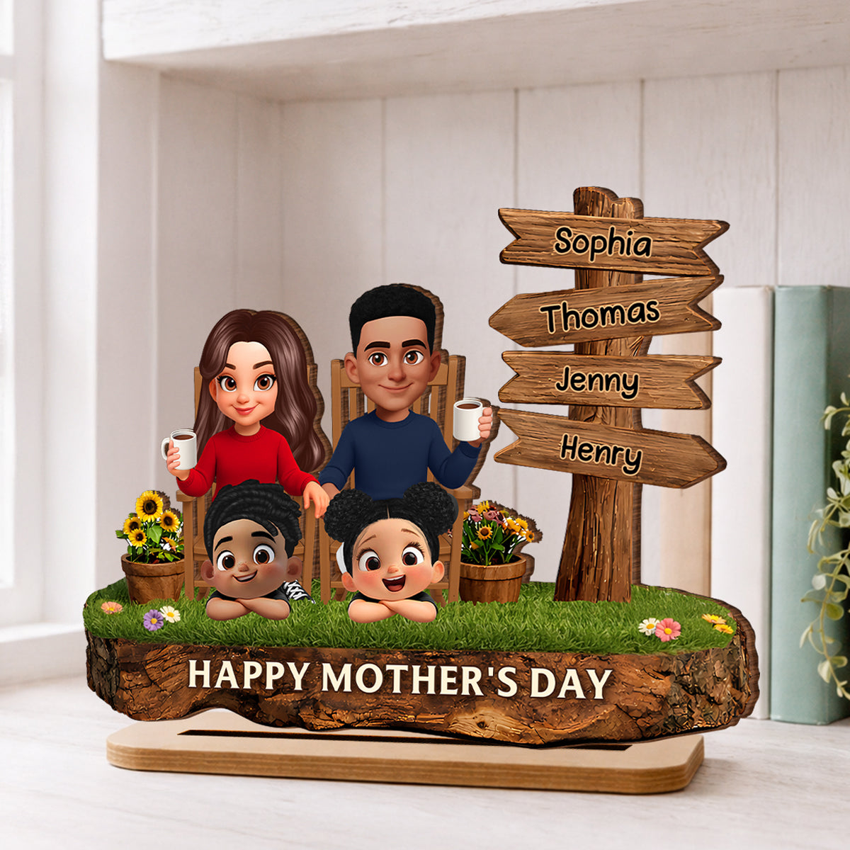 Family Sitting Sign Post - Personalized 2-Layered Wooden Plaque - Heartfelt Rustic Decor, Gift for Mom, Dad
