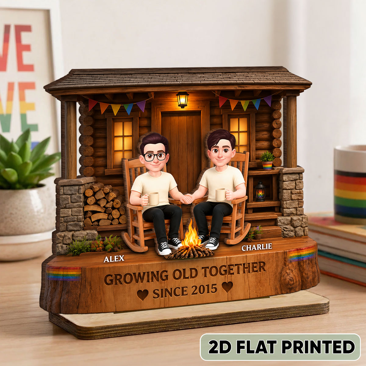 LGBT+ Couple Sitting On Front Porch - Personalized 2-Layered Wooden Plaque - Gift For Couple, Happy Pride Month