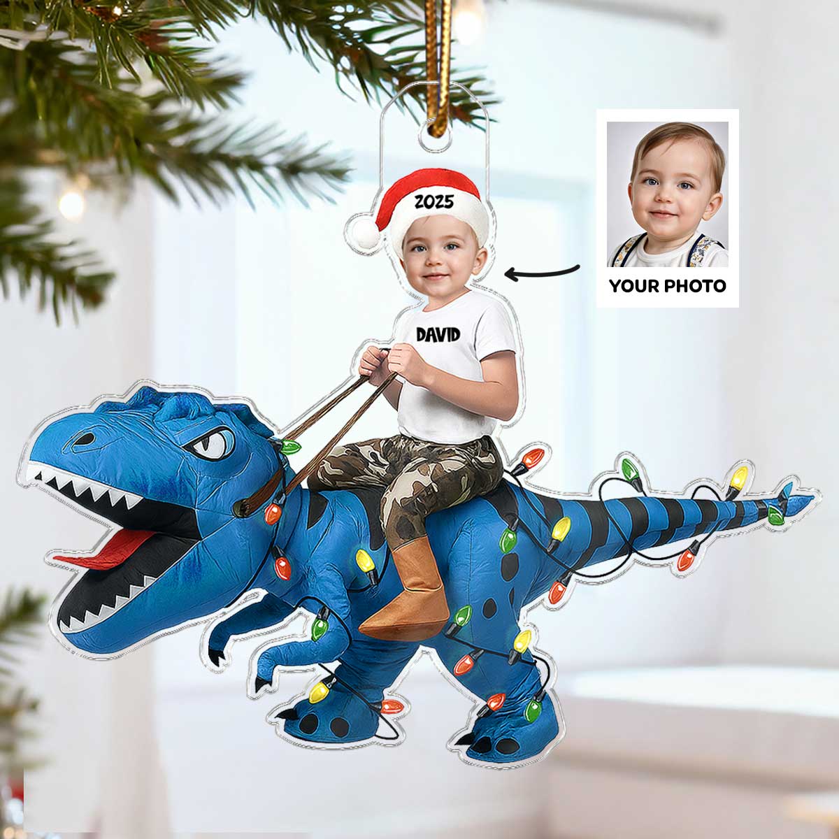 3D Effect Custom Face Kid With Dinosaur - Personalized Acrylic Ornament - Gift For Kids, Granddaughter, Grandson, Daughter, Son