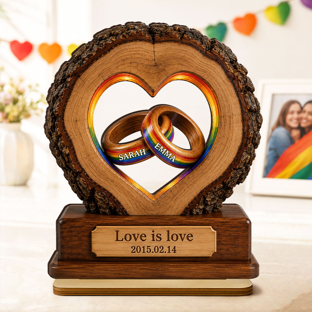Love is Love LGBTQ+ Couple Anniversary - Personalized 2-Layered Wooden Plaque - Heartfelt Gift for Her, for Him