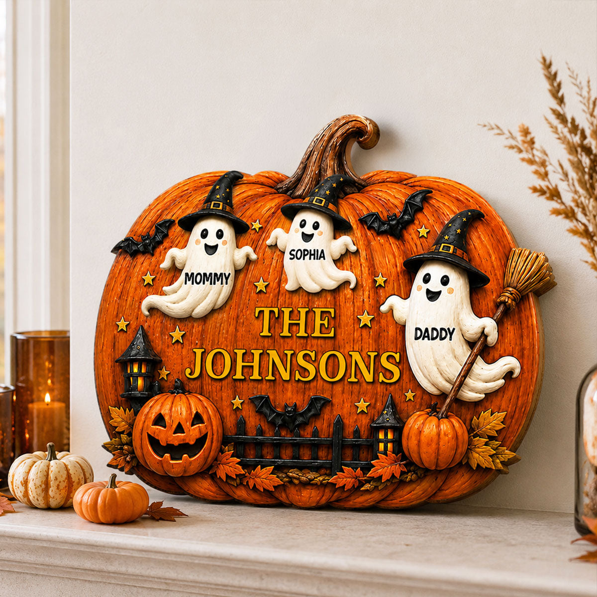Halloween Family Ghost Pumpkin - Personalized Wood Sign - Halloween Decor Gift, Gift For Family