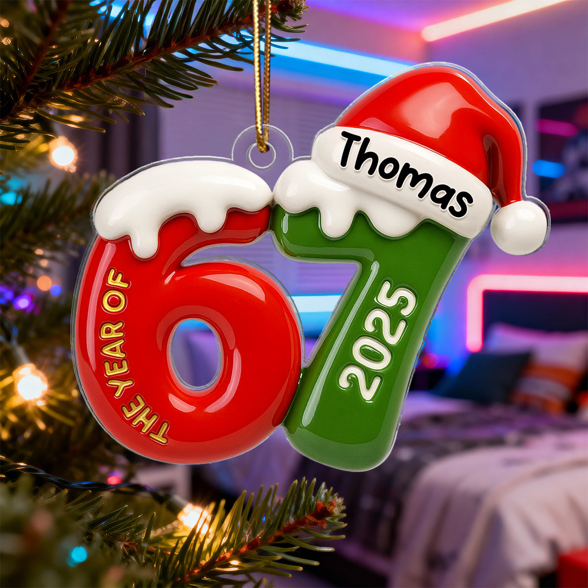 Custom Name 67 Six Seven 3D Effect - Personalized Acrylic Ornament - 2025 Slang, Funny Teen Grandkid, Gen Alpha Christmas Gift