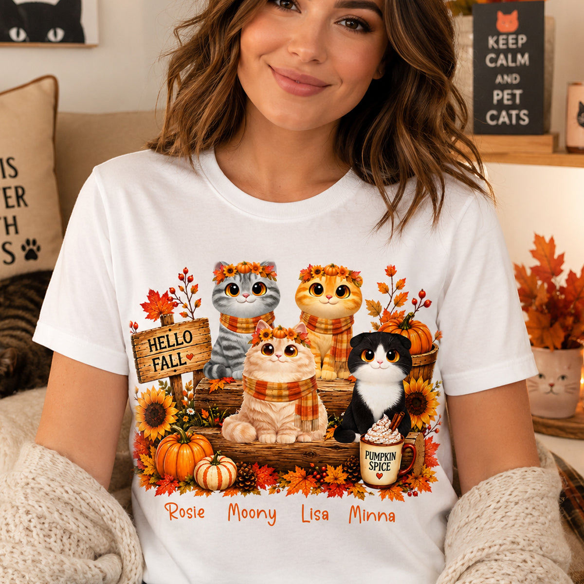 Fall Season Cats Sitting - Personalized Shirt - Trendy Fall Tee for Cat Moms, Cat Lovers