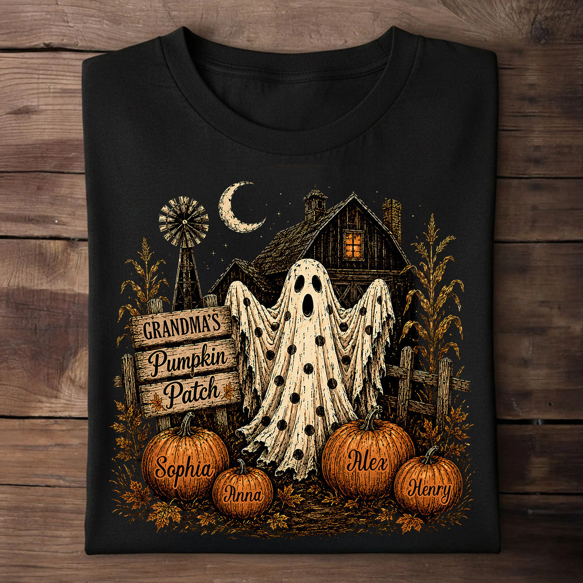 Grandma's Pumpkin Patch Haunted House - Personalized Shirt - Cozy Fall Halloween Tee for Grandma