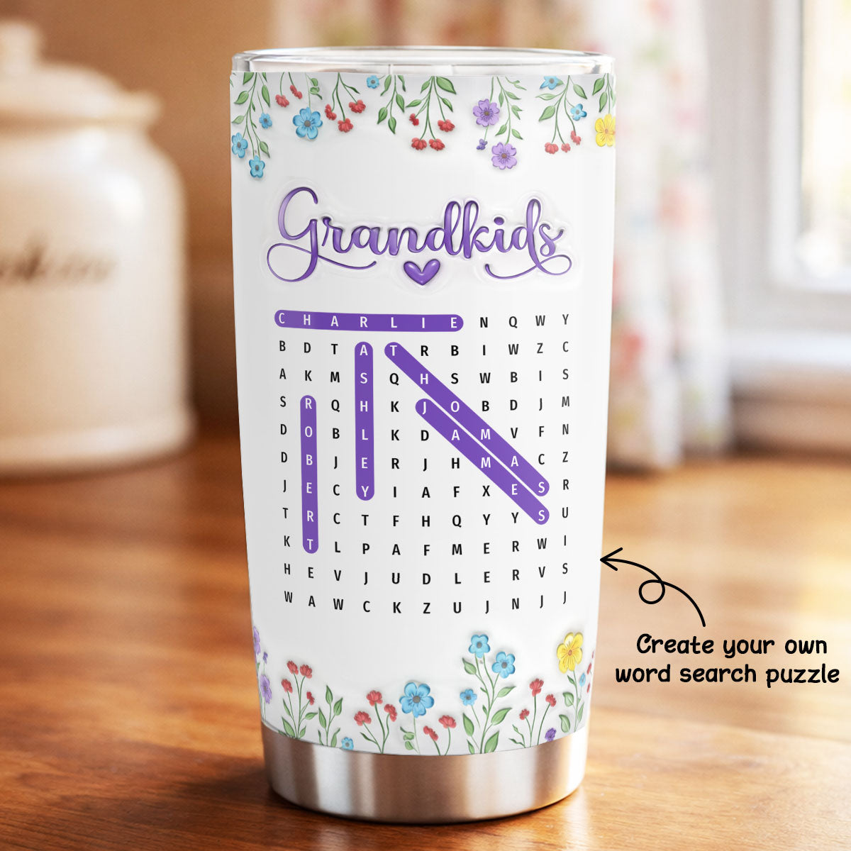 Grandma Grandkids Names Word Search Puzzle - Personalized Tumbler - Mother's Day Gift for Grandma, Mom