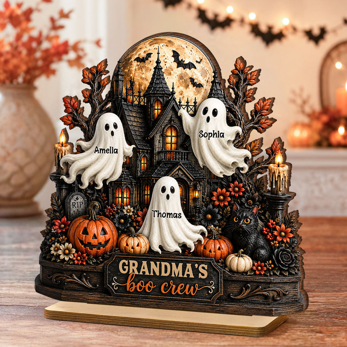 Grandma's Boo Crew - Personalized 2-Layered Wooden Plaque - Halloween Decor for Grandma