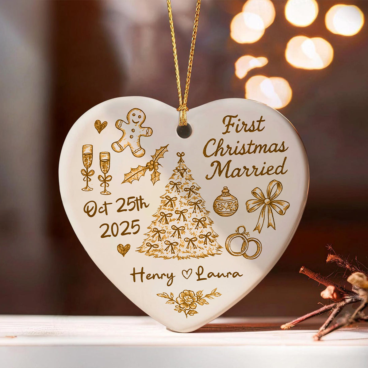 First Christmas Married Toile De Jouy Pattern - Personalized Ceramic Ornament - Christmas Gift For Him, For Her, For Couple