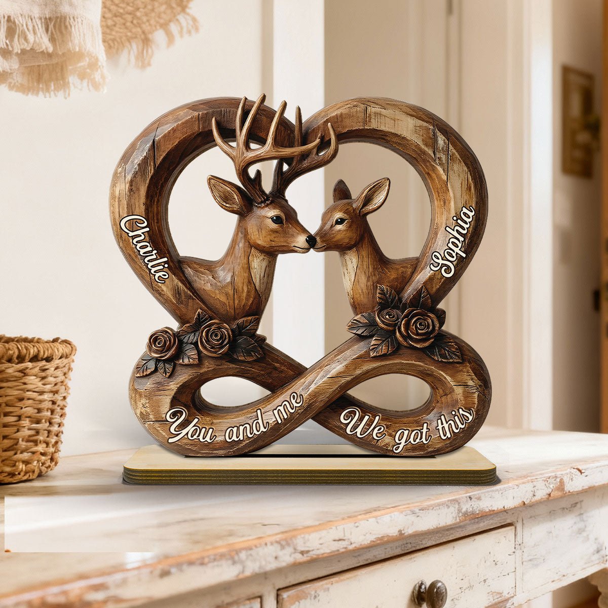 Deer Couple Eternal Love 2D Flat Printed - Personalized 2-Layer Wooden Plaque - Gift For Him, Gift For Her