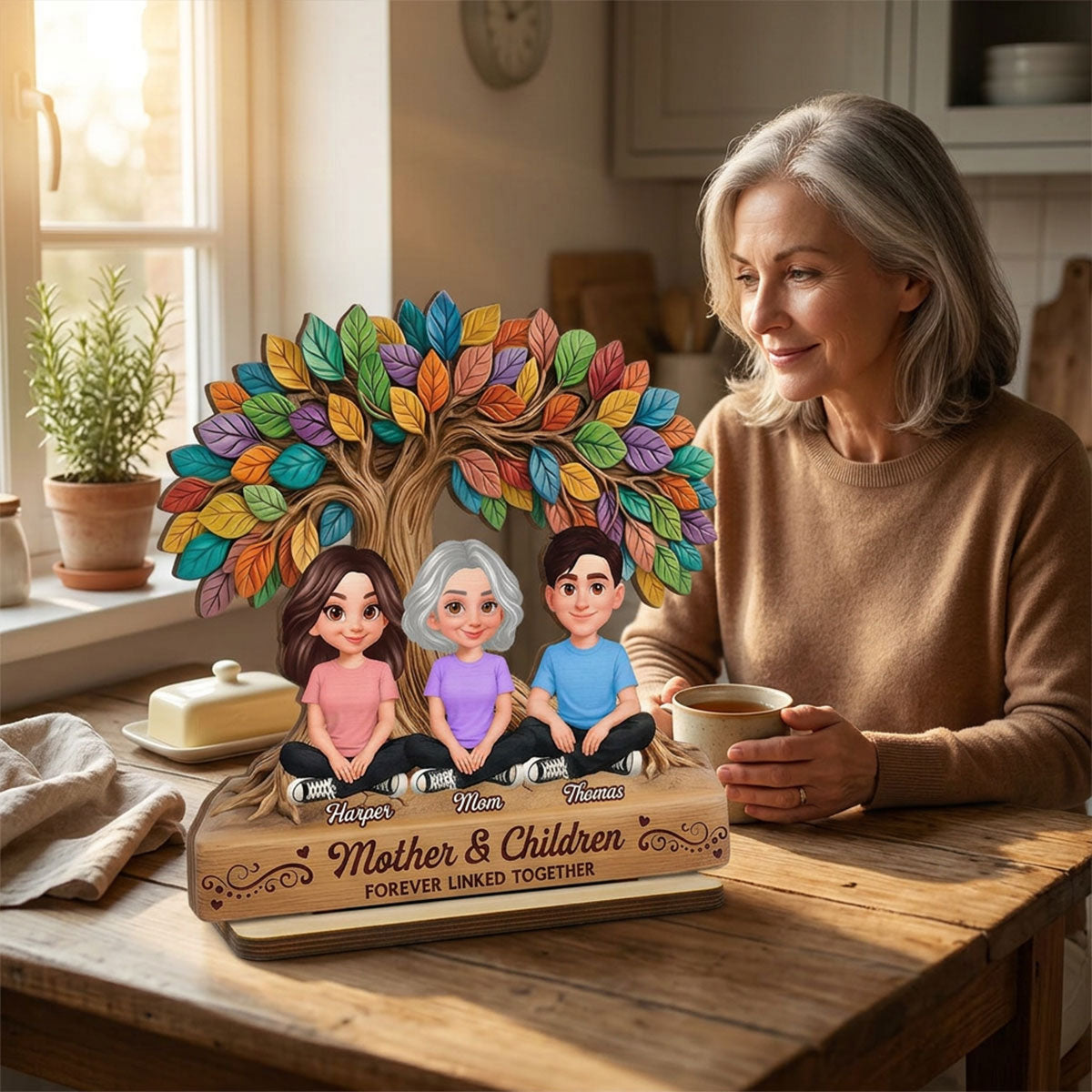 Mom And Son Daughter Under Colorful Tree Of Life - Personalized 2-Layered Wooden Plaque - Gift For Mom
