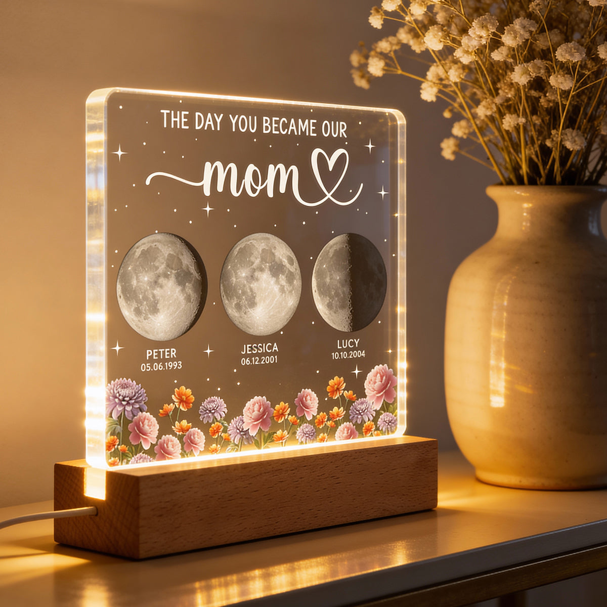The Day You Became Our Mom, Custom Moon Phase by Date - Personalized Acrylic Block LED Night Light, Custom Birth Flowers, Mother's Day Gift for Mom