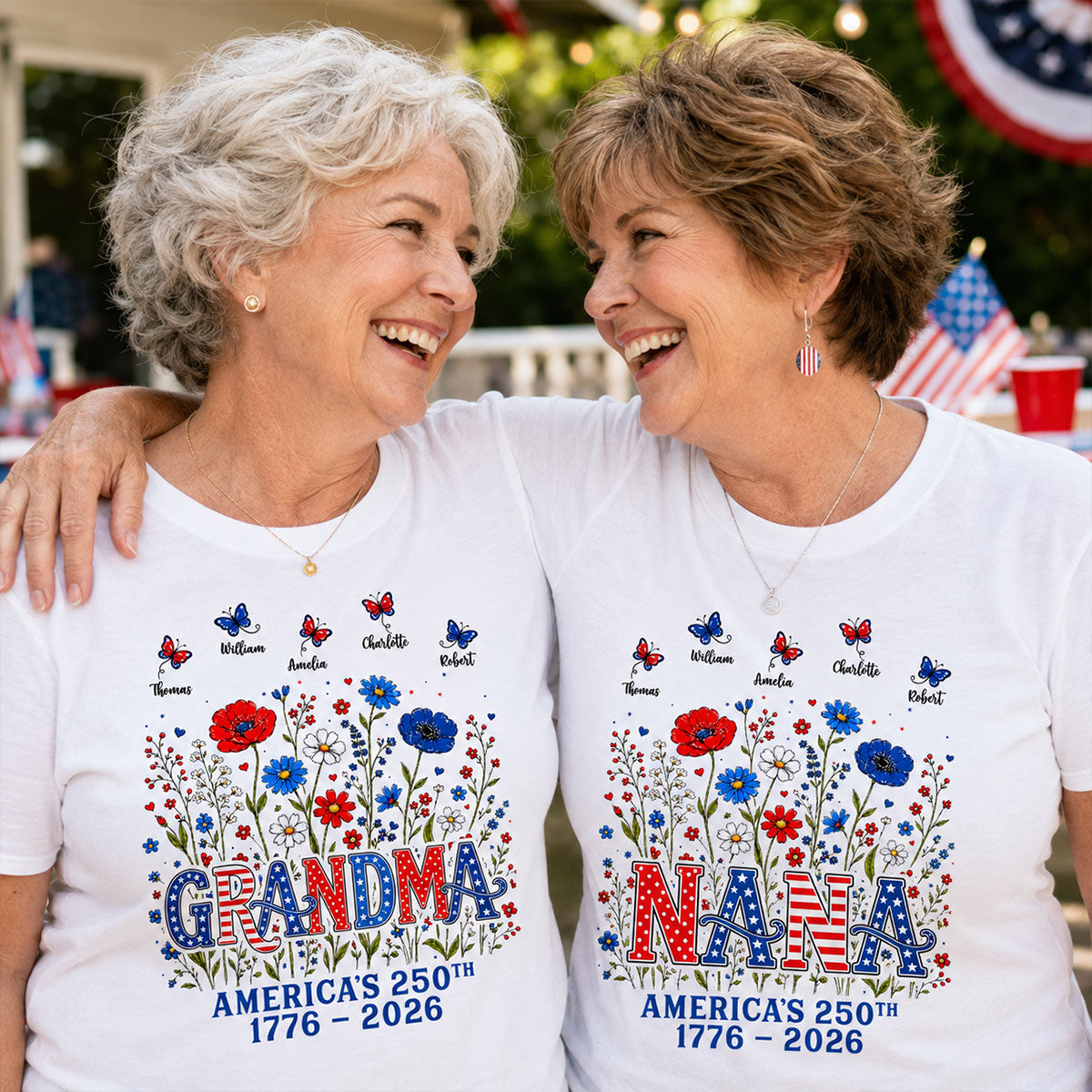 Proud Mom Grandma Nation Flag Flowers American 250th Anniversary - Personalized Shirt - Gift For Mom, Grandma