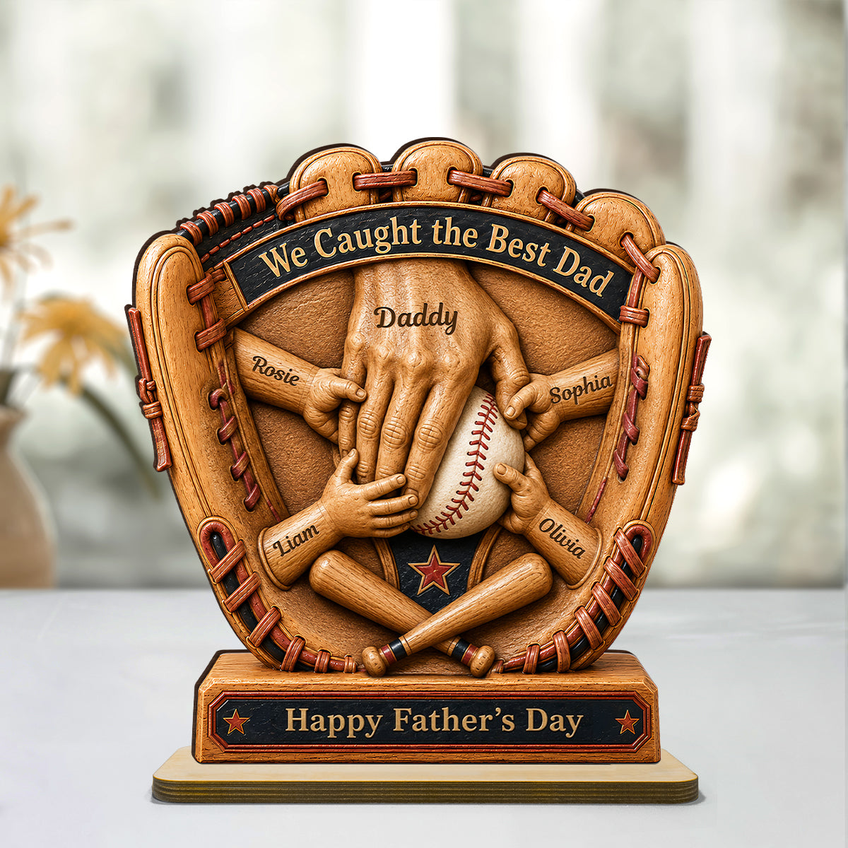 Baseball Glove Dad & Kids' Hands - Personalized 2-Layered Wooden Plaque -  Gift For Dad, Husband