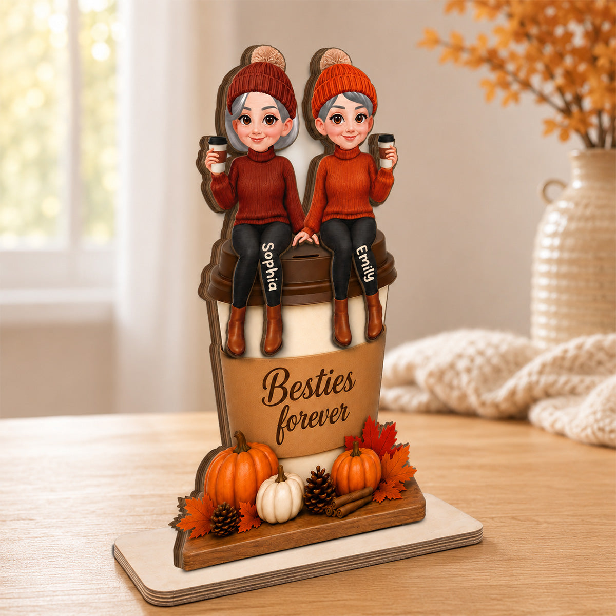 Besties Sitting On Pumpkin Spice Latte 2D Flat - Personalized Wooden Plaque - Cozy Fall Gift