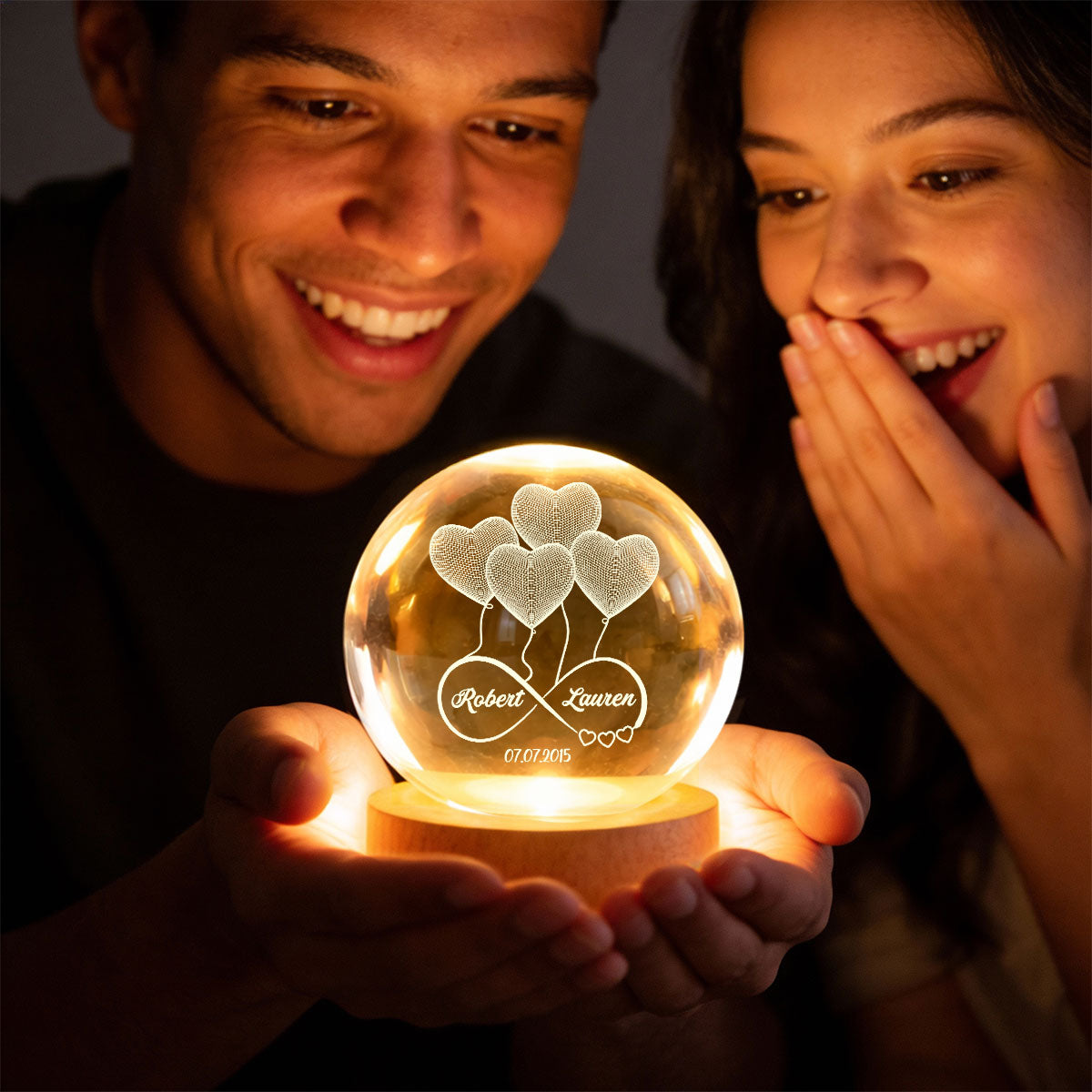 Couple Infinity Love Heart Balloon - Personalized Crystal Ball LED Night Light - Sentimental Gift for Her, for Him, Couple Keepsake