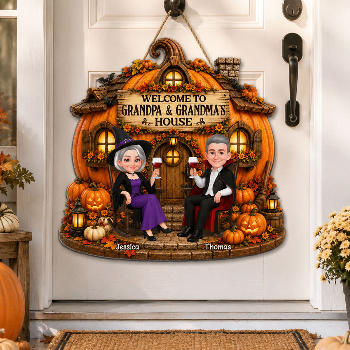 Whimsical Halloween Pumpkin Welcome To Grandma Grandpa House - Personalized Wood Sign - Halloween Decoration For Grandparents