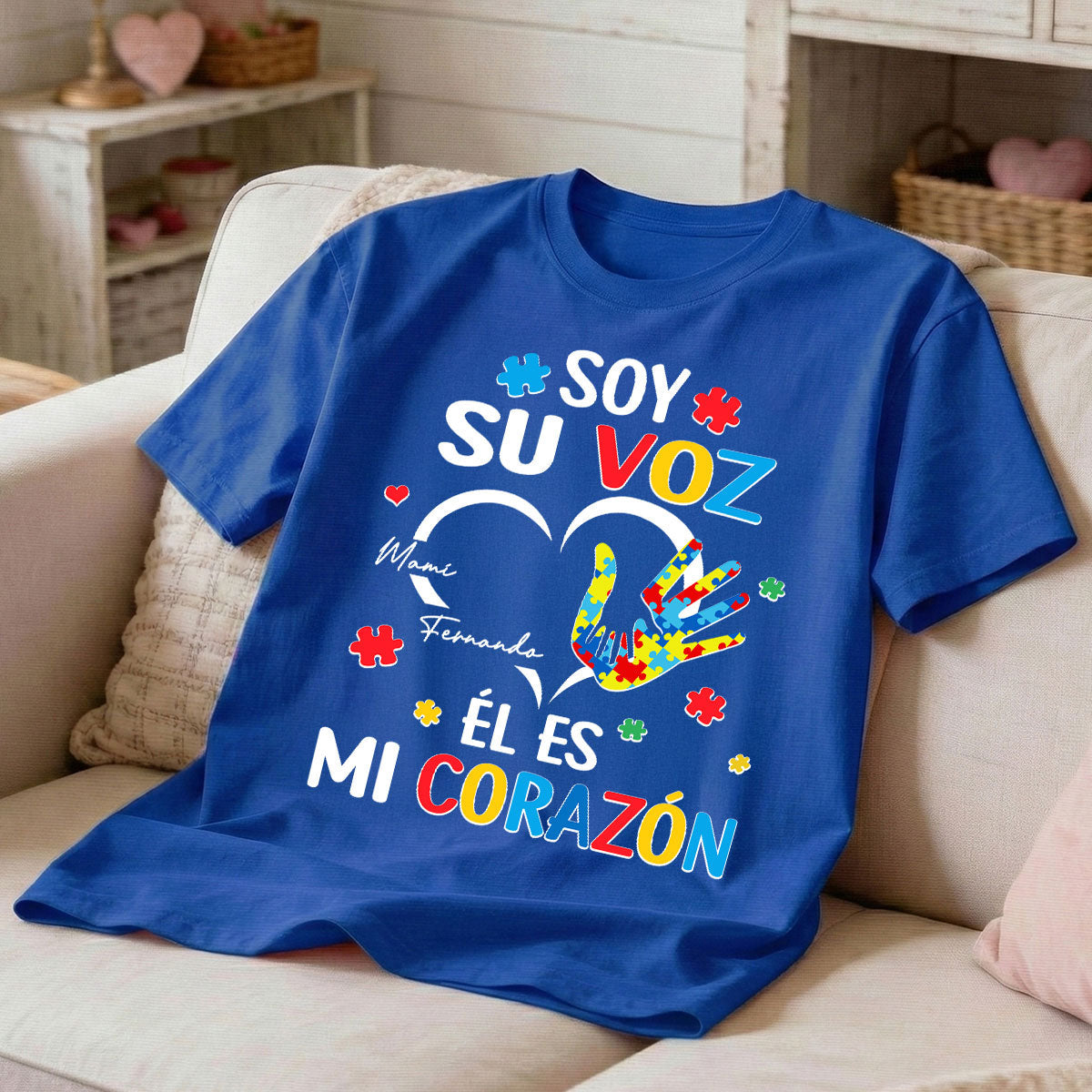Soy Su Voz Él Es Mi Corazón I'm His Voice He's My Heart - Personalized Shirt - Spanish Ver Autism Awareness