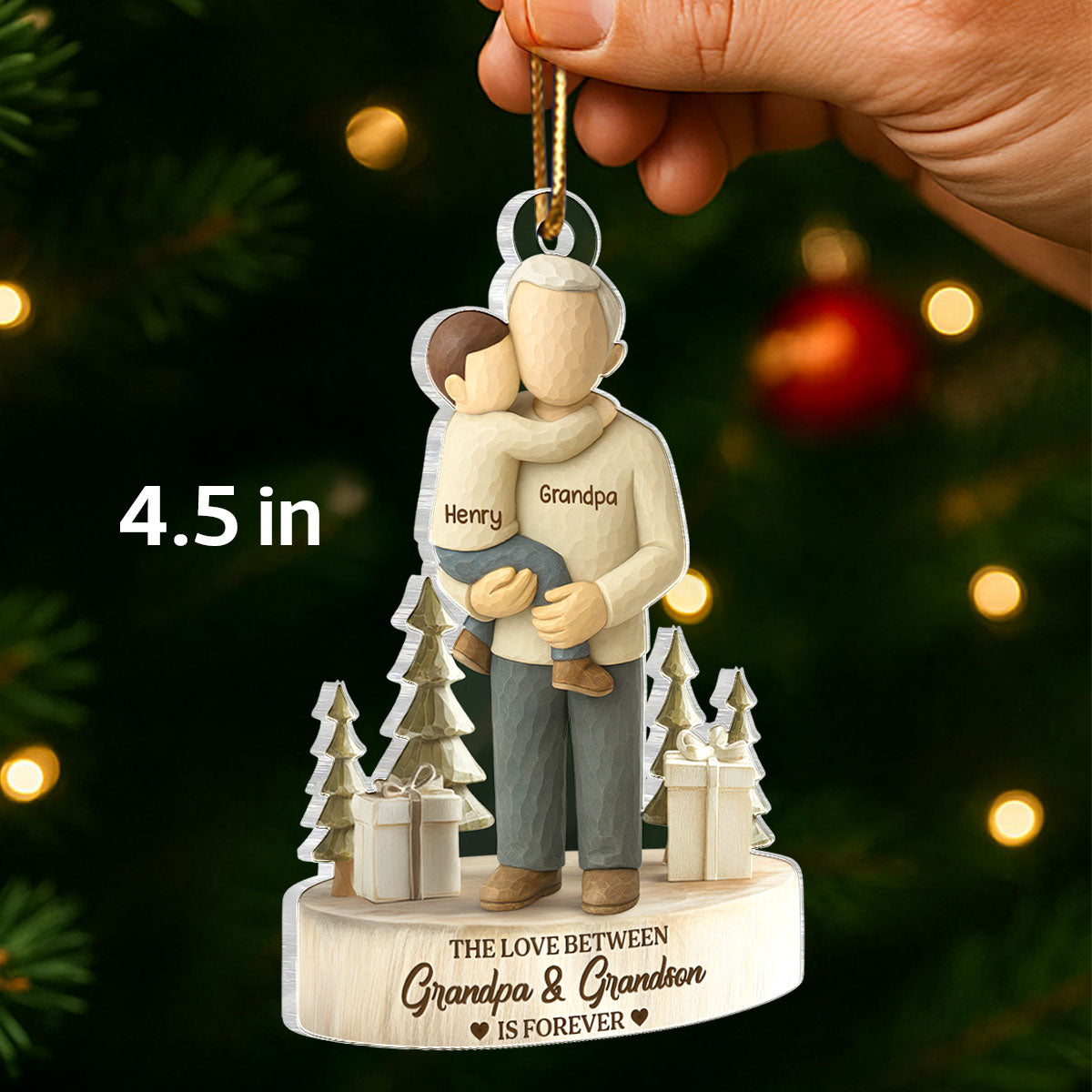The Love Between Grandpa and Grandson, Granddaughter is Forever - Personalized Acrylic Ornament - Heartwarming Christmas Gift for Grandpa