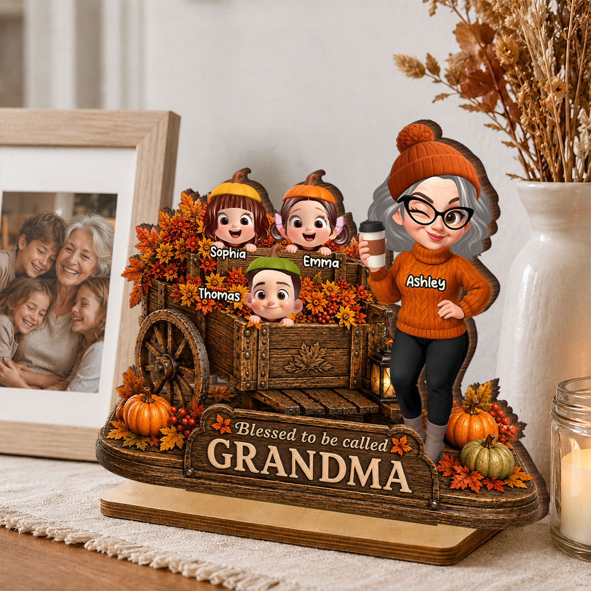 Blessed to Be Called Grandma - Personalized 2-Layered Wooden Plaque - Fall Decor for Grandma