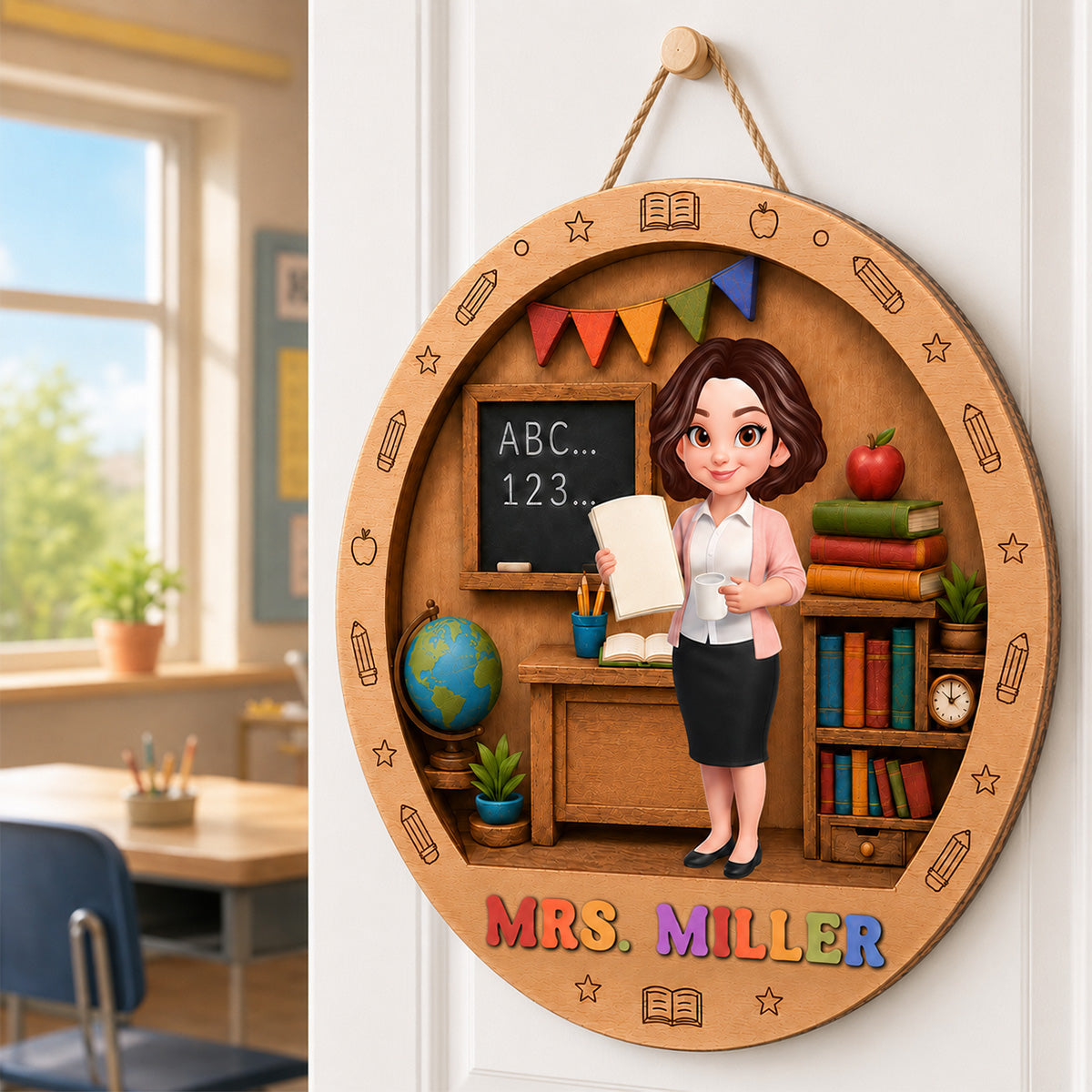 Teacher In Classroom 3D Design - Personalized 2-Layered Wood Sign - Back To School Gift For Teacher