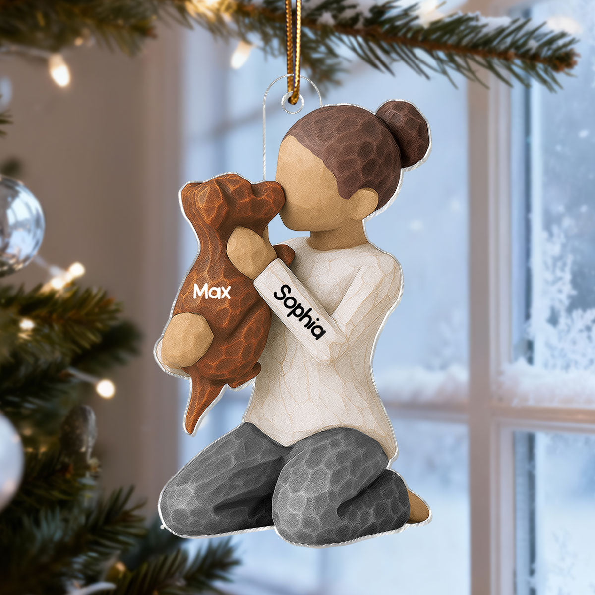 3D Effect Boy Girl Hugging Dog - Personalized Wooden Ornament - Christmas Gift For Dog Lovers