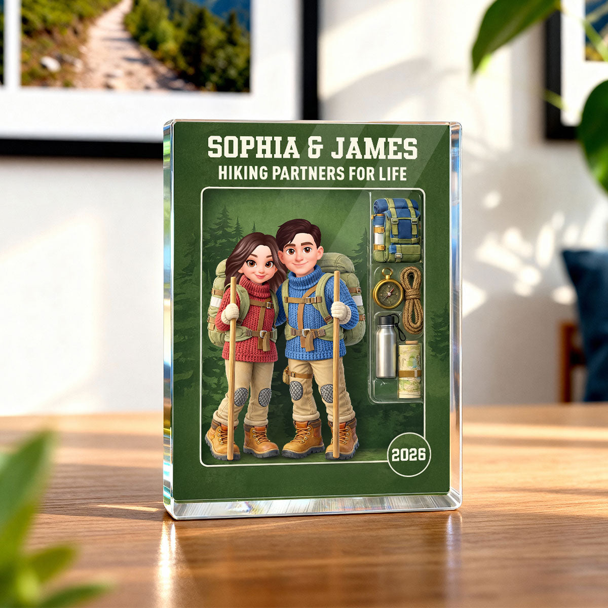 Hiking Couple Action Figure - Personalized Acrylic Block Plaque - Anniversary, Valentine's Day Gift, Gift For Him, Gift For Her