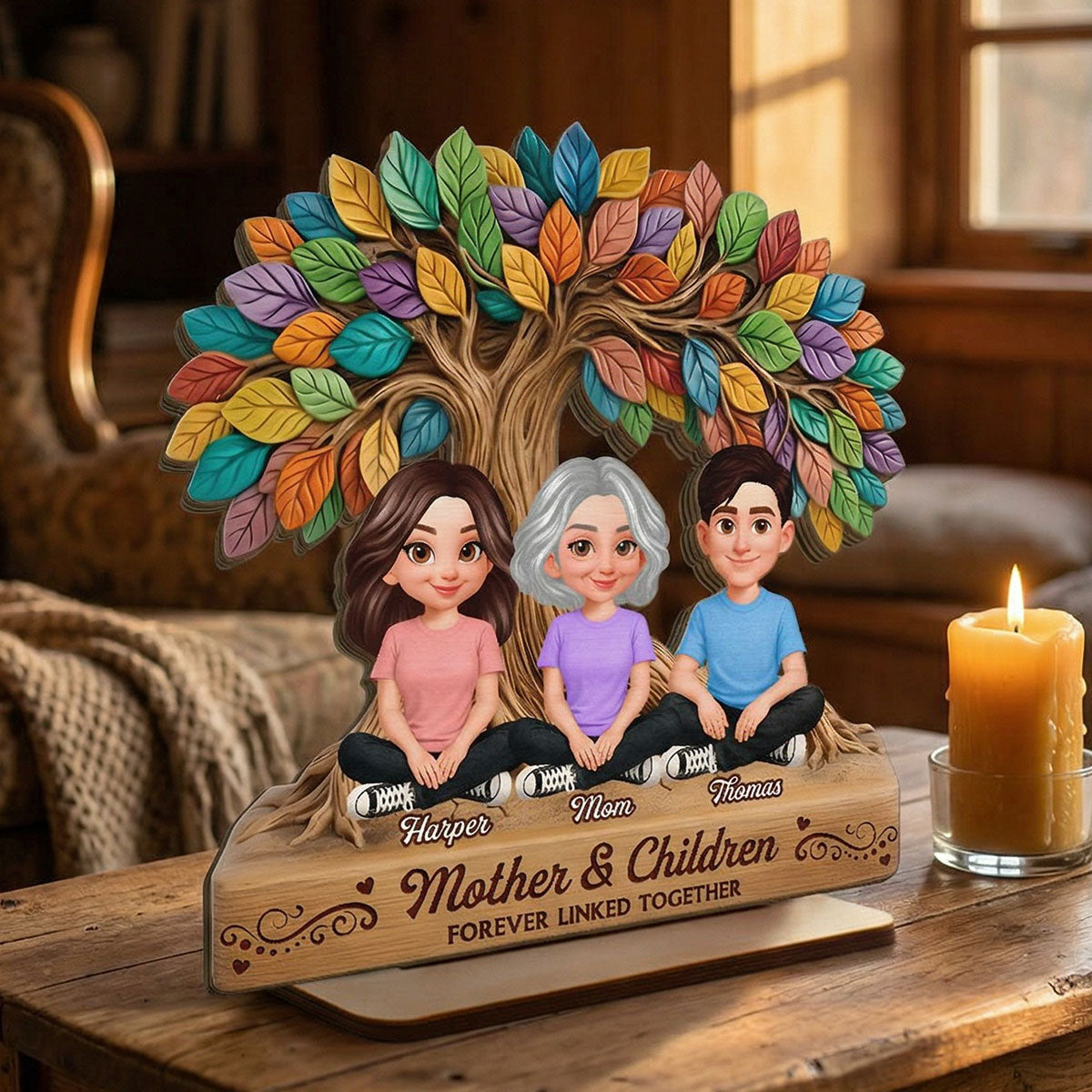Mom And Son Daughter Under Colorful Tree Of Life - Personalized 2-Layered Wooden Plaque - Gift For Mom