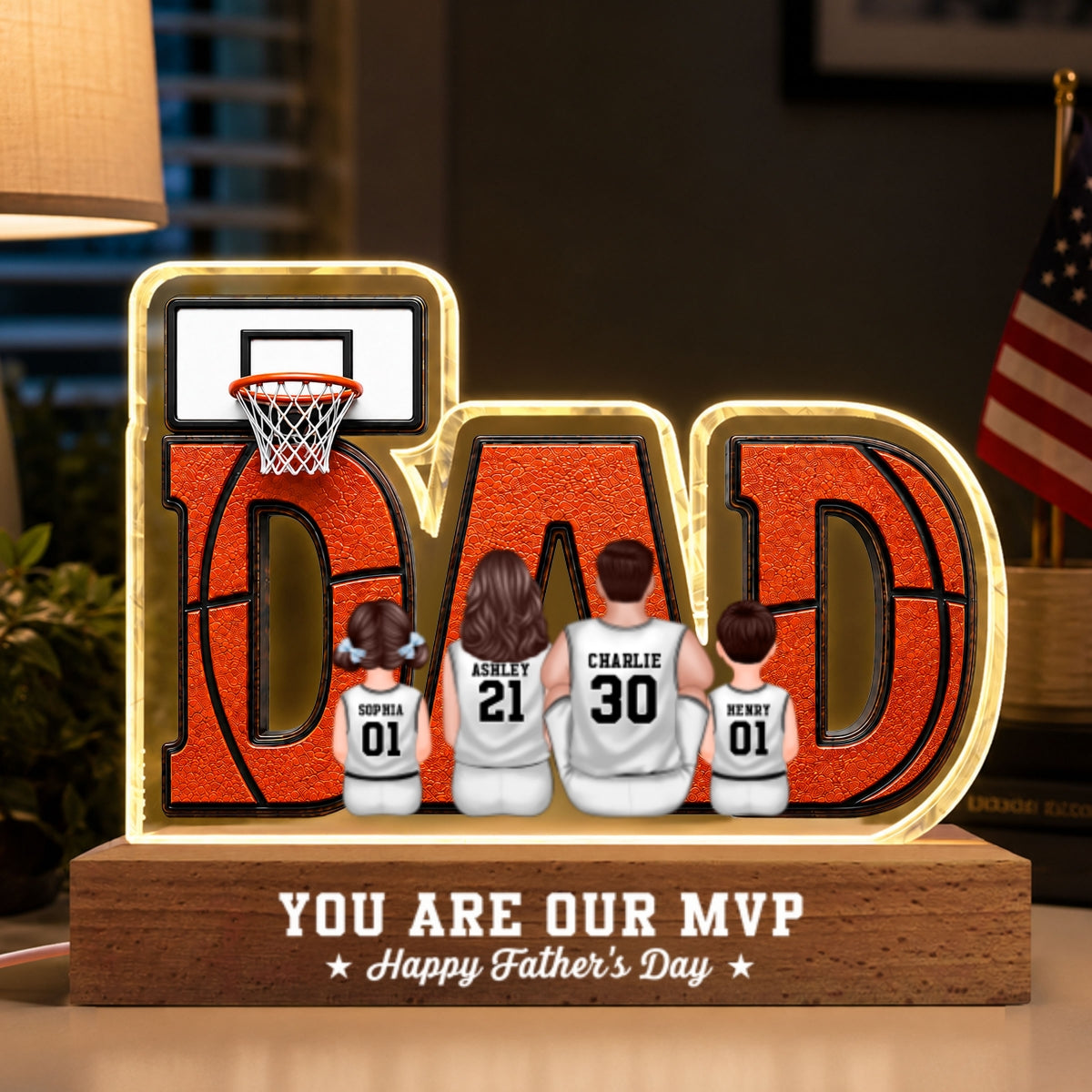 Basketball Dad Legend Daddy's Dream Team - Personalized Acrylic Block LED Night Light - Father's Day Gift For Dad, Husband, Basketball Fans