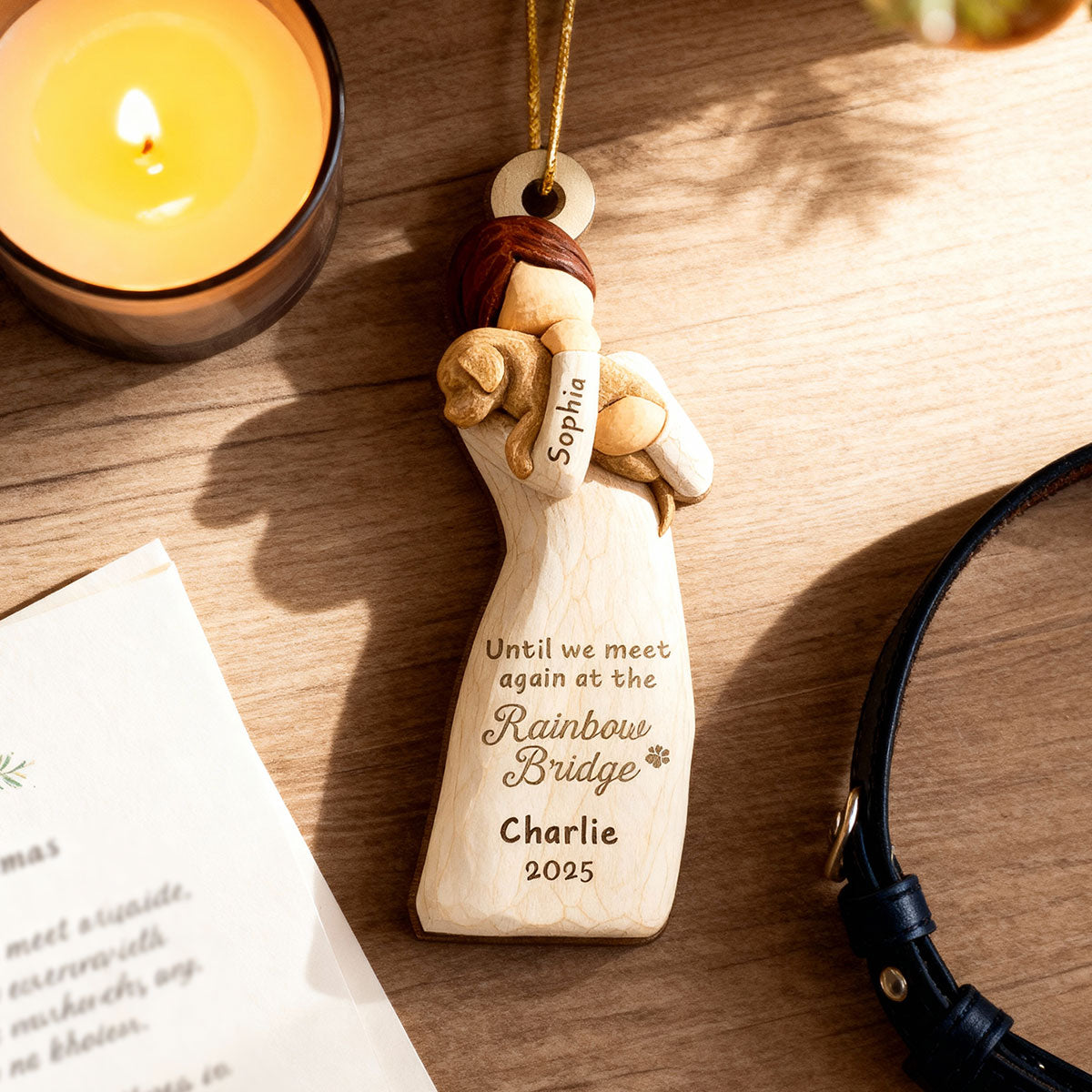 Until We Meet At Rainbow Bridge Woman & Dog 3D Effect - Personalized Wooden Ornament - Memorial Keepsake