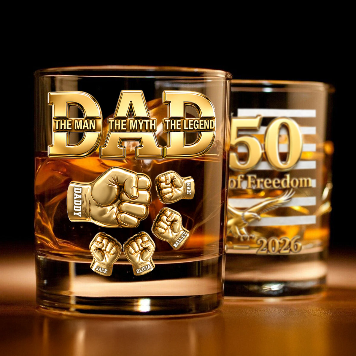 USA 250th Anniversary Daddy's Team Fist Bump - Personalized Whiskey Glass - Father's Day Gift for Dad, Husband