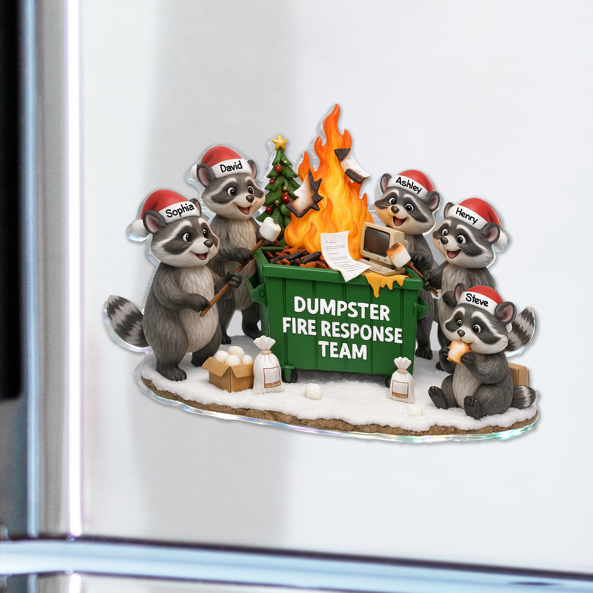 Funny Raccoon Dumpster on Fire Response Team - Personalized Acrylic Fridge Magnet - Funny Holiday Gift for Coworkers