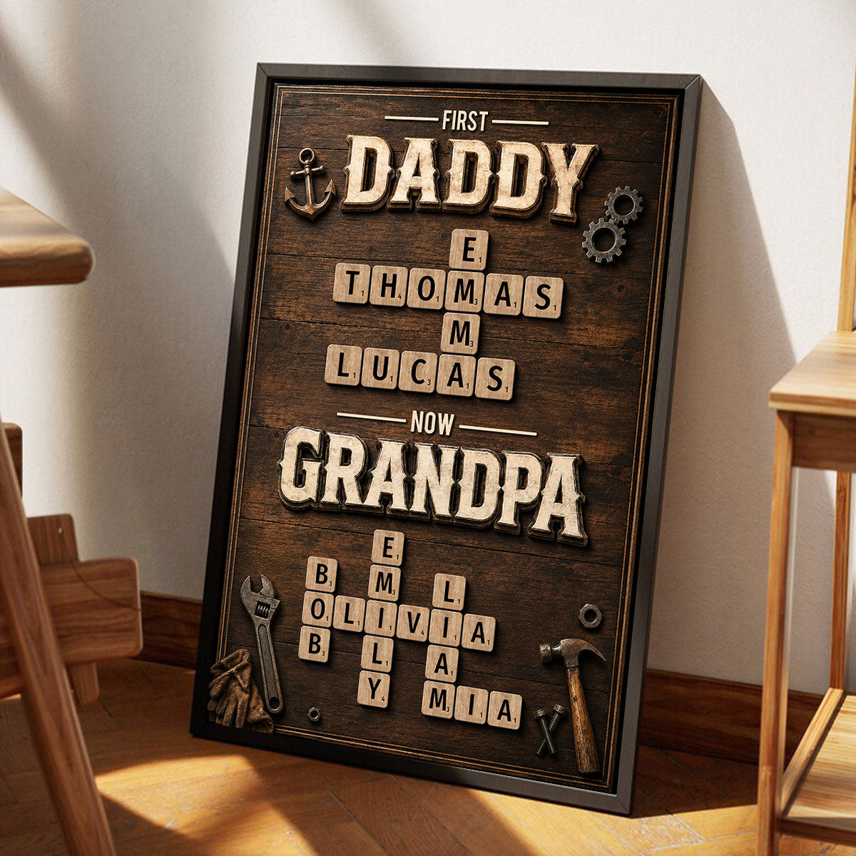 First Dad Now Grandpa Crossword Puzzle Art - Personalized Poster - Father's Day Gift for Dad, Grandpa