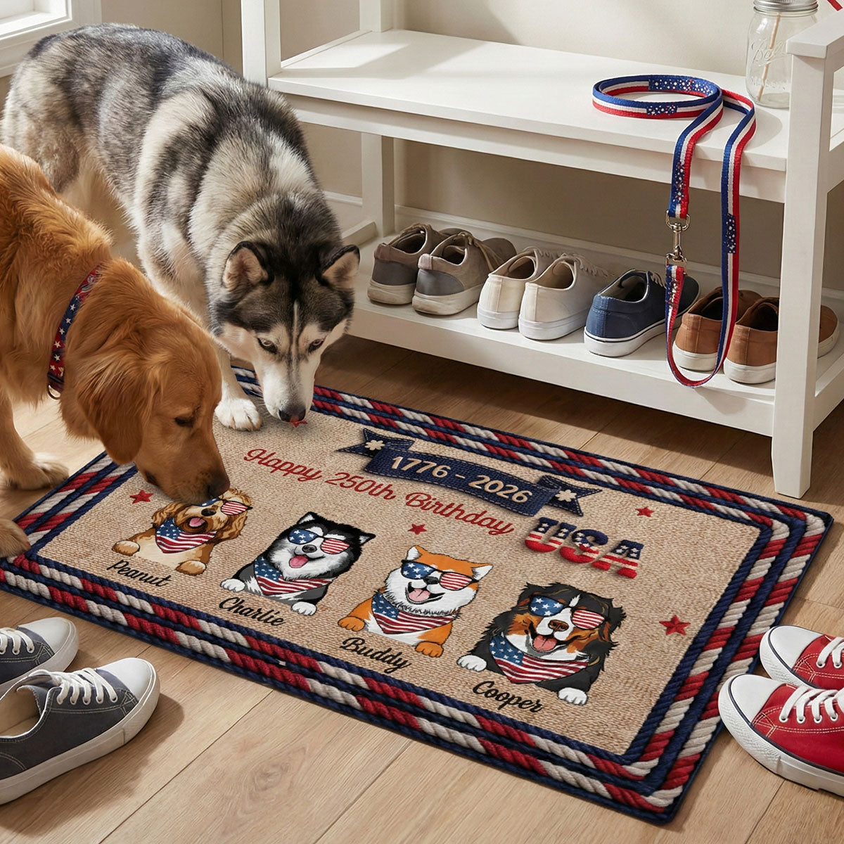 USA 250th Birthday Patriotic Flag Dog Faux Yarn Pattern - Personalized Doormat - Gift For Dog Lovers