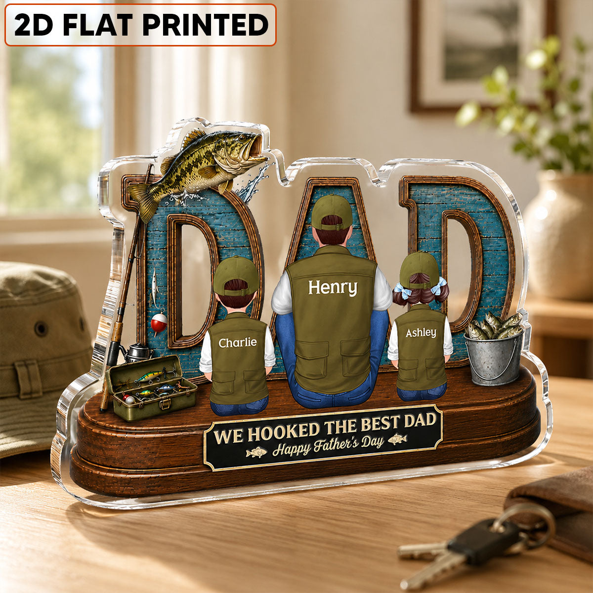 Fishing Dad And Kids We Hooked The Best Dad - Personalized Acrylic Block Plaque -  Gift For Dad, Husband