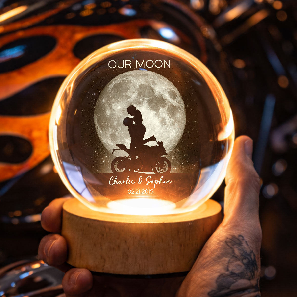 Biker Couple Kissing in the Moonlight, Custom Moon Phase by Date - Personalized Crystal Ball LED Night Light - Heartfelt Valentine's Day Gift for Her, for Him
