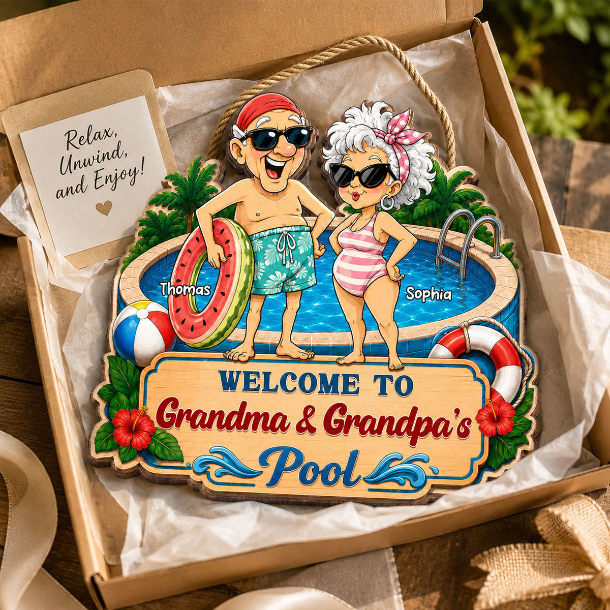 Welcome To Grandma & Grandpa's Pool 2D Flat - Personalized Pool Wooden Sign - Poolside Decor For Grandparents