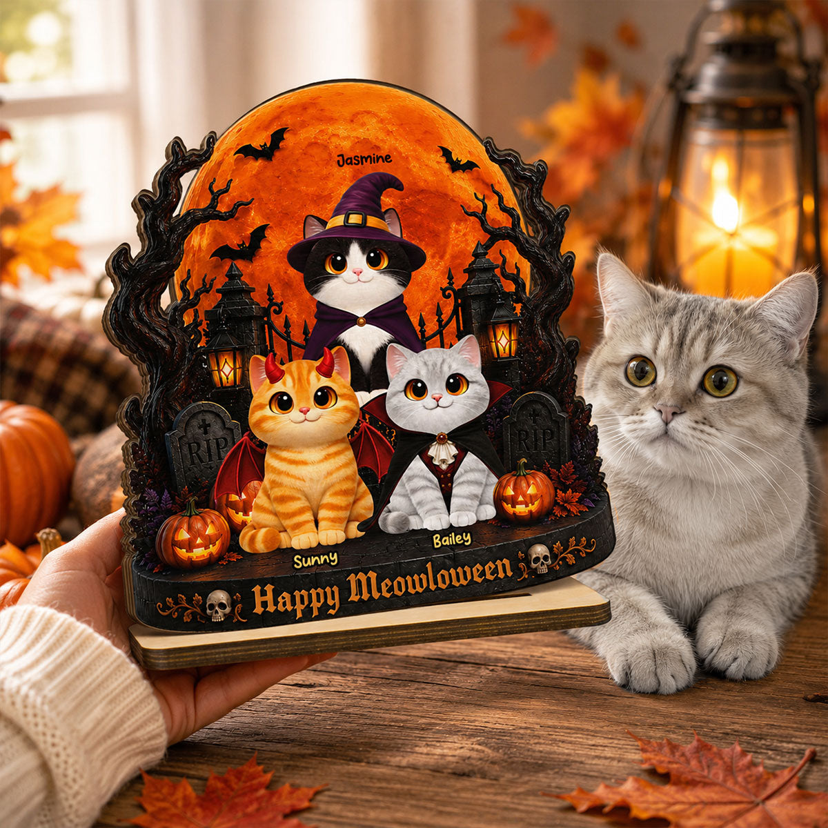 Spooky Halloween Cats Under Moonlight - Personalized 2-Layered Wooden Plaque - Halloween Decor For Cat Lovers