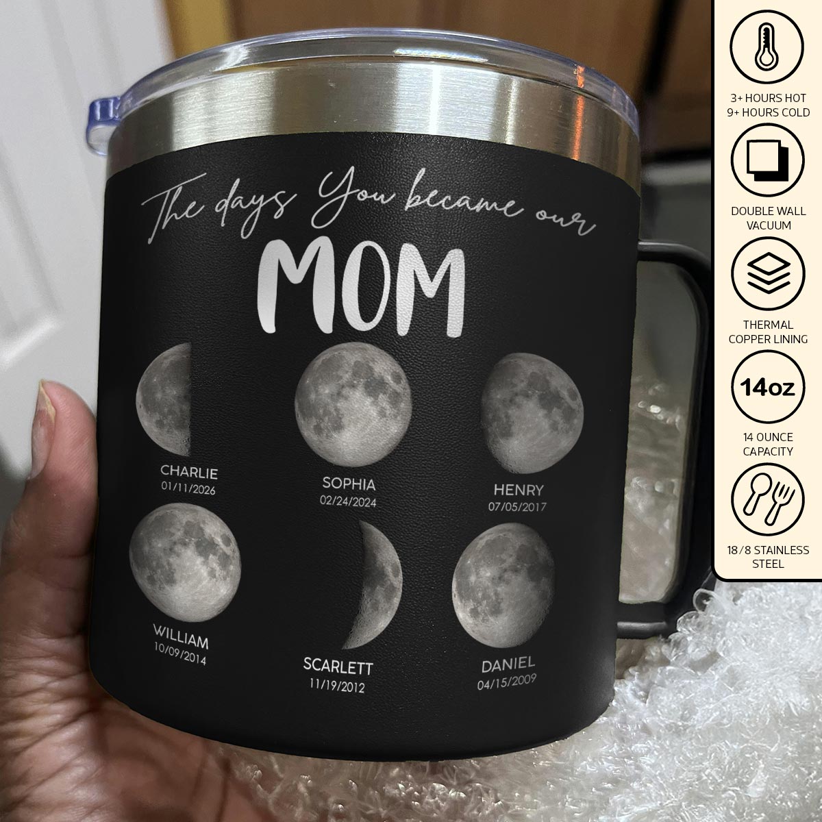 The Days You Became Our Mom Grandma Custom Birth Moon Phase - Personalized Tumbler With Handle - Mother's Day Gift For Mom, Grandma