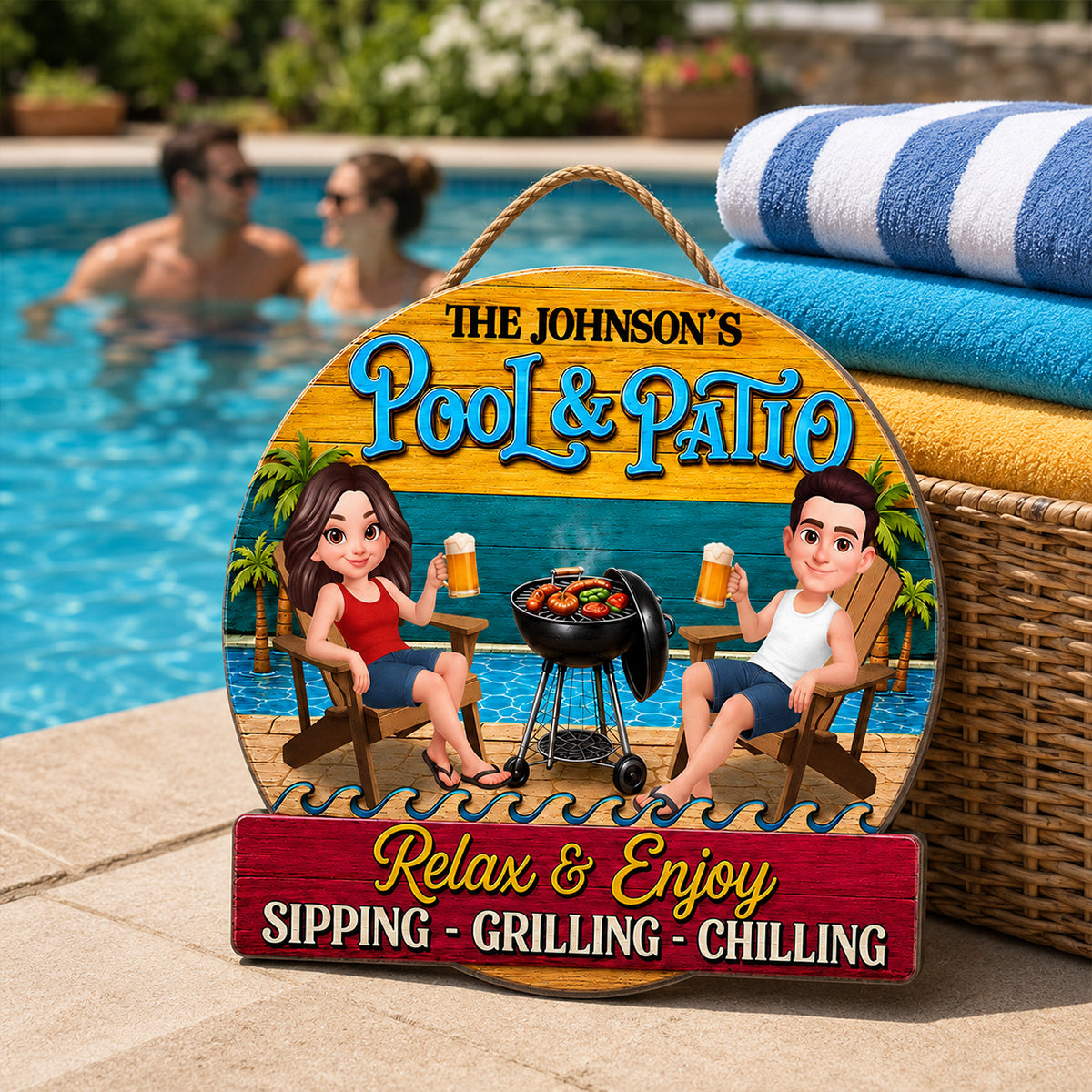 Couple Pool & Patio - Personalized Wooden Sign - Summer Decor Gift for Her, for Him