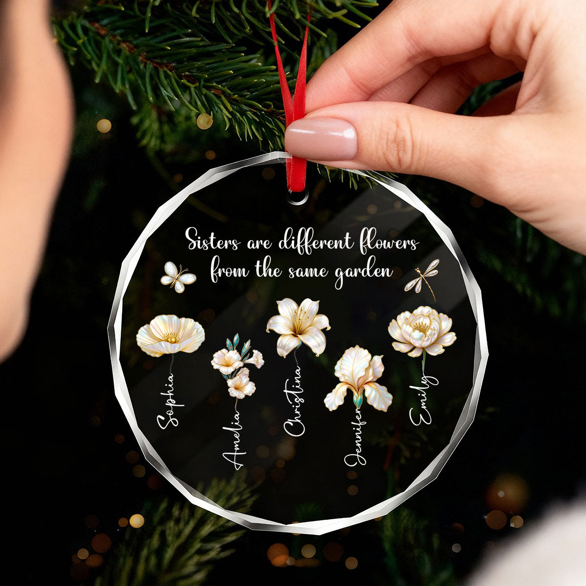 3D Effect Birth Flowers Sisters From The Same Garden - Personalized Glass Ornament - Birthday Christmas Just Because Gift For Sisters, Besties