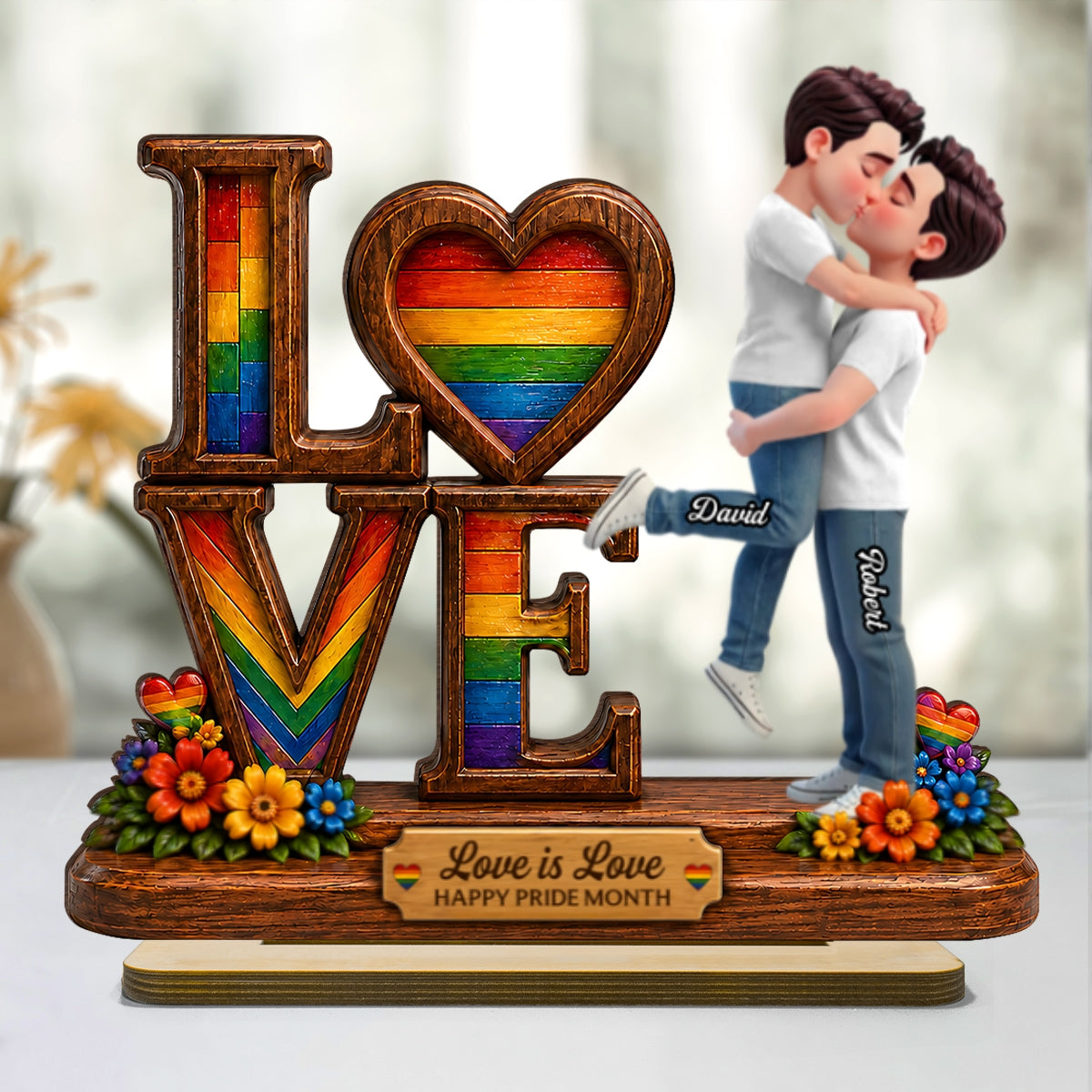 Pride Month Romantic Kissing Couple - Personalized 2-Layered Wooden Plaque - Gift For Couple, Happy Pride Month