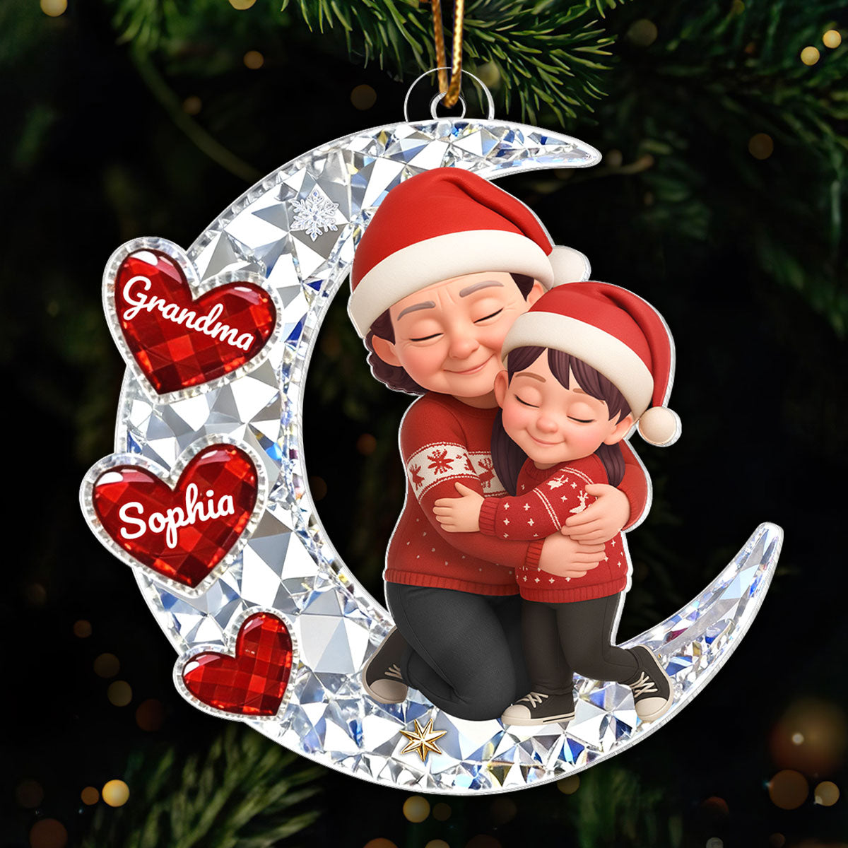 3D Crystal Effect Grandma Grandkid Hugging Moon Heart - Personalized Acrylic Ornament - Christmas Gift for Grandma, Grandkids