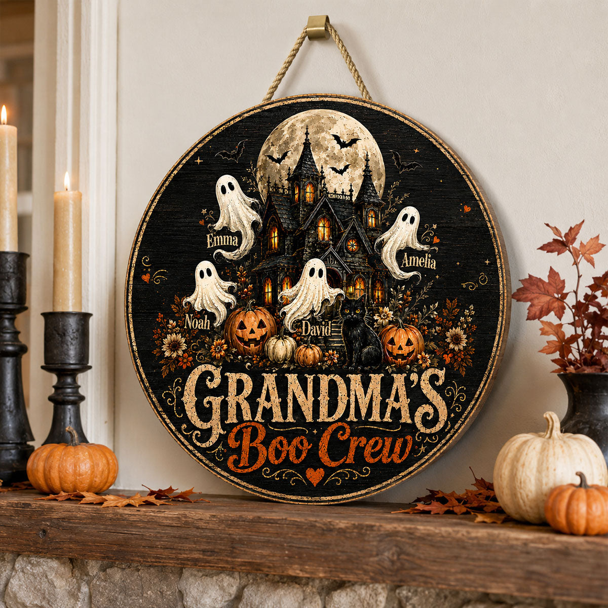 Grandma's Boo Crew Halloween Haunted House - Personalized Wooden Door Sign - Halloween Decor for Grandma