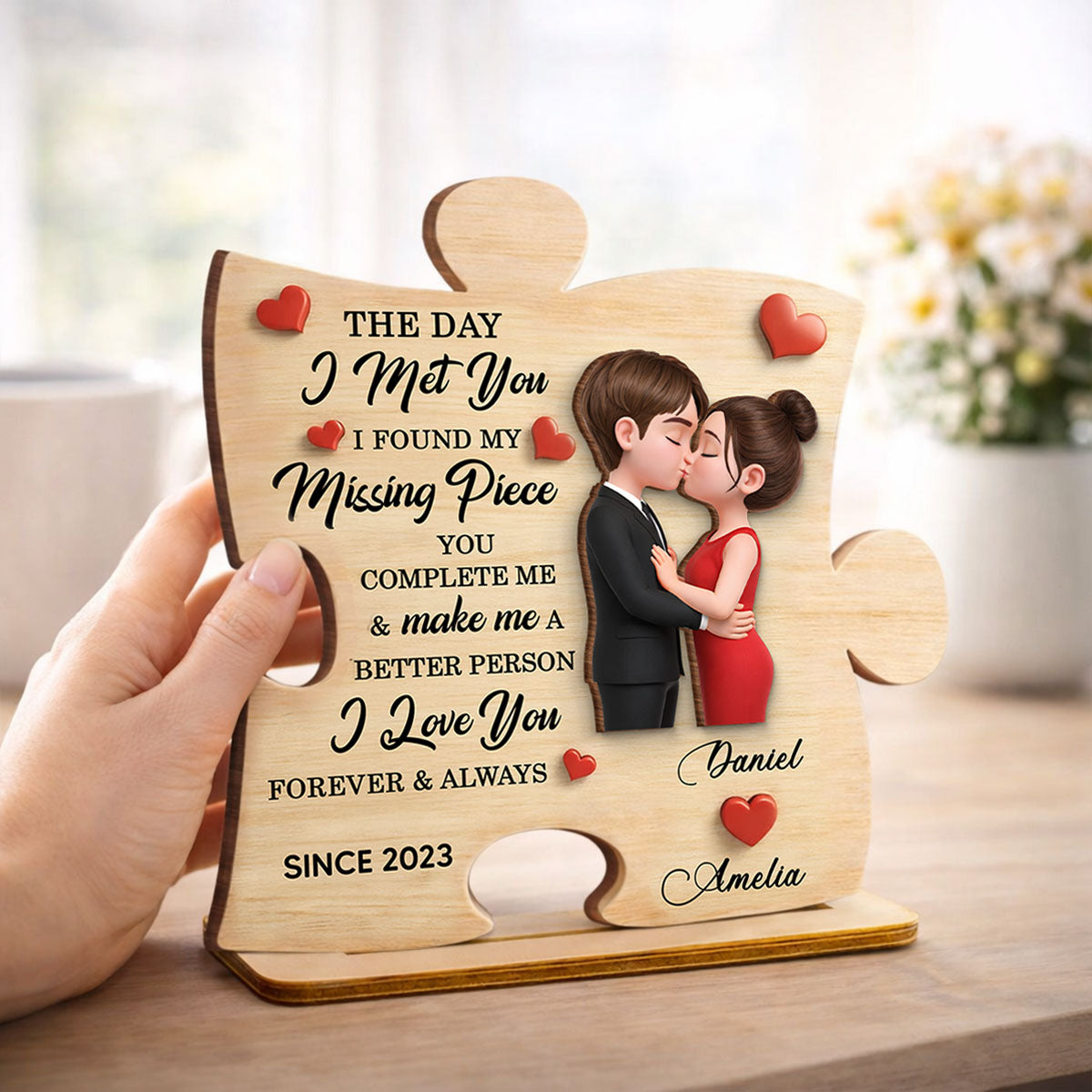 The Day I Met You Puzzle Sign - Personalized 2-Layered Wooden Plaque - Anniversary, Valentine's Day Gift, Gift For Him, Gift For Her