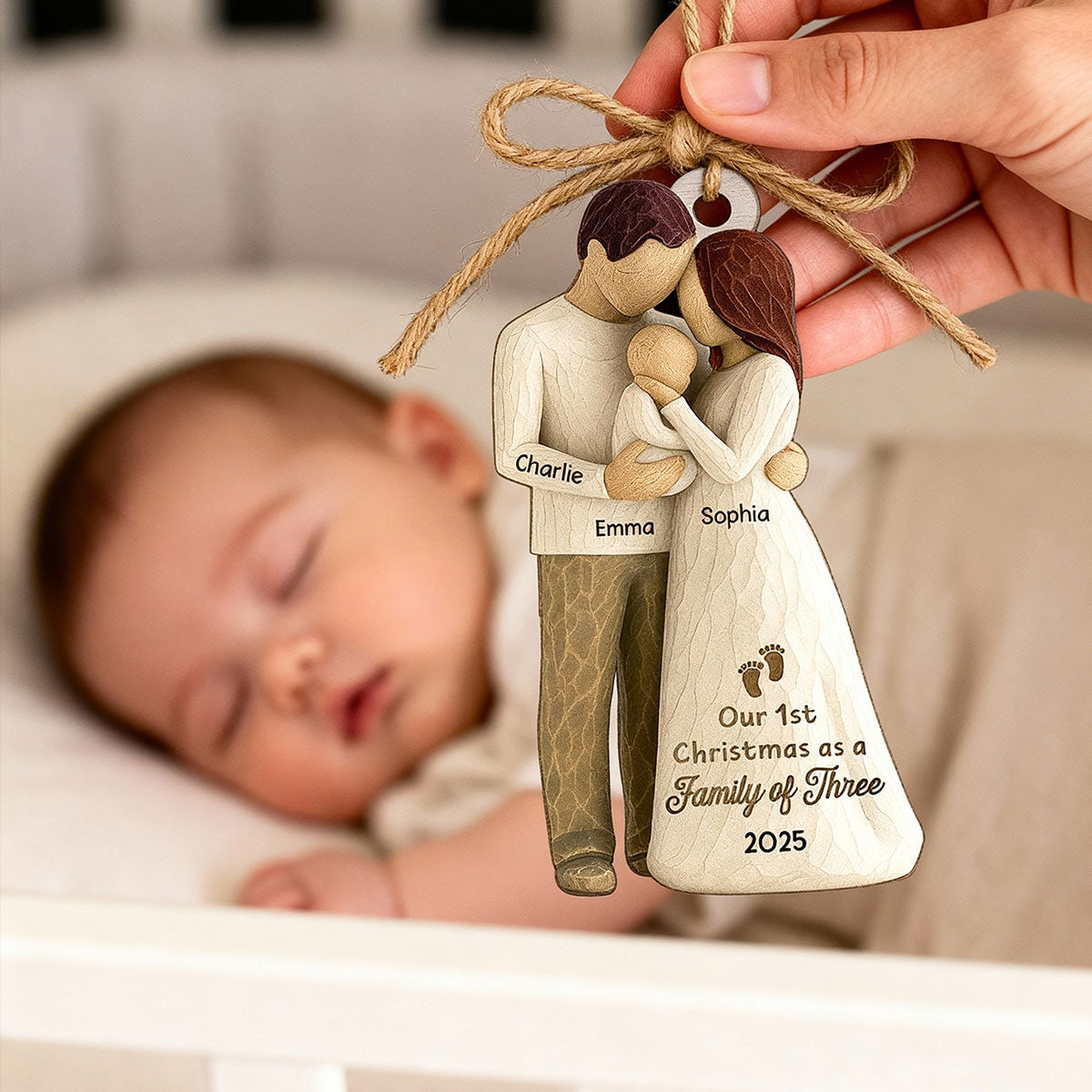 3D Effect First Christmas As Family Of Three Mom Dad & Baby - Personalized Car Hanger