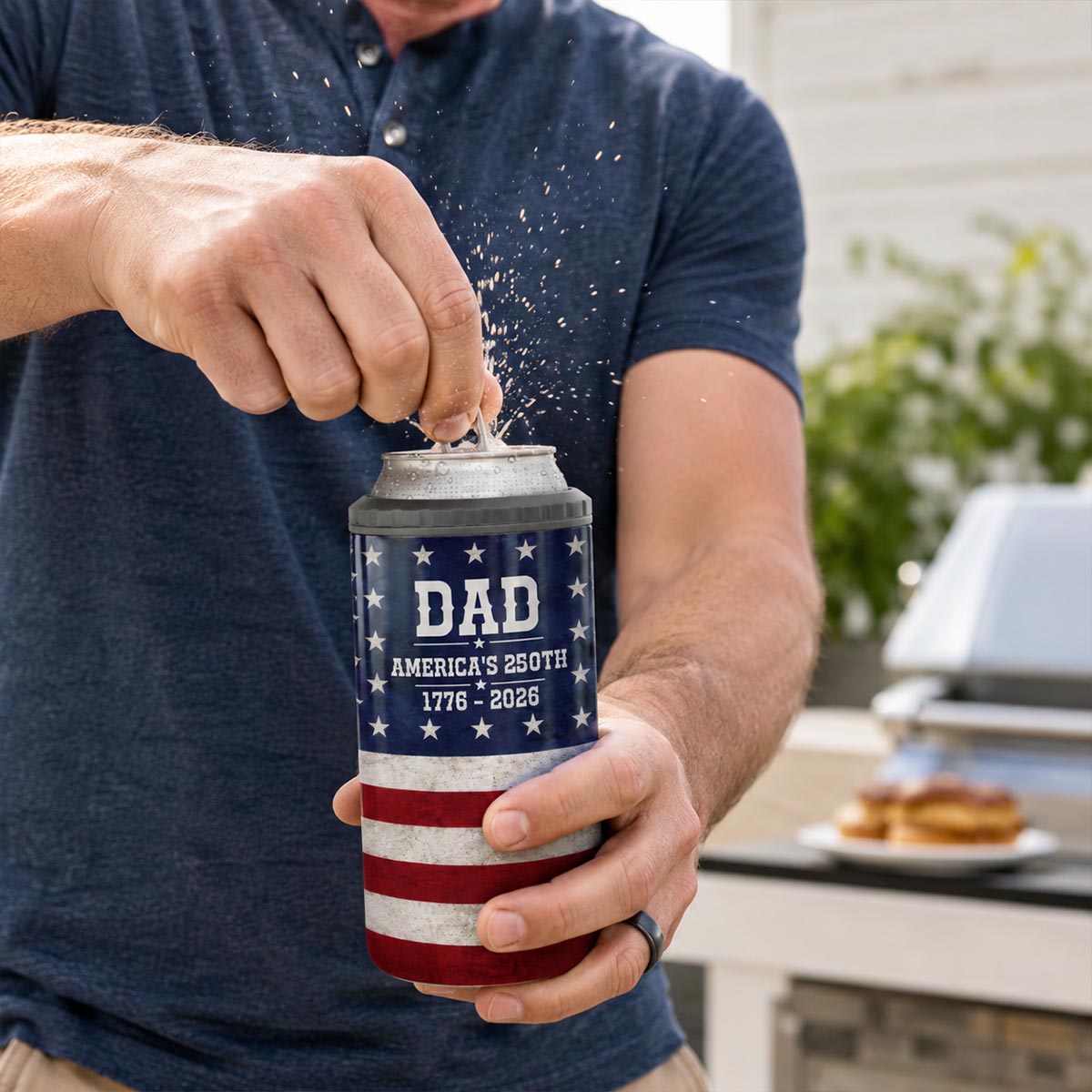 Proud American Dad Grandpa & Kids Fist Bumps - Personalized 4-in-1 Can Cooler - 4th Of July, American 250th Anniversary Gift For Patriotic Dad, Grandpa