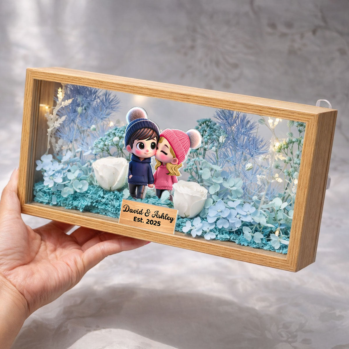 Eternal Love Cute Cartoon Chibi Couple Couple - Personalized DIY Flower Shadow Box LED Night Light - Gift For Couple, For Him, For Her