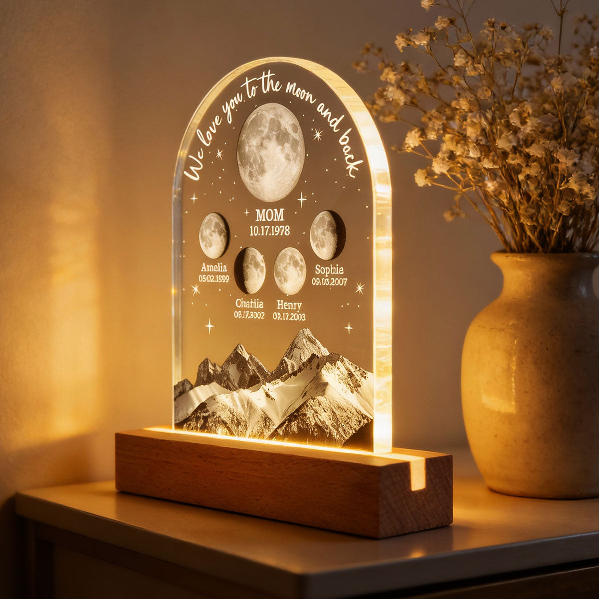 We Love You to the Moon and Back Custom Moon Phase by Date - Personalized Acrylic Block LED Night Light - Gift for Dad, Mom