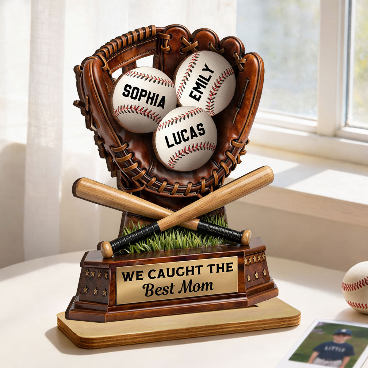 Caught The Best Mom Baseball - Personalized 2-Layered Wooden Plaque - Gift For Baseball Mom