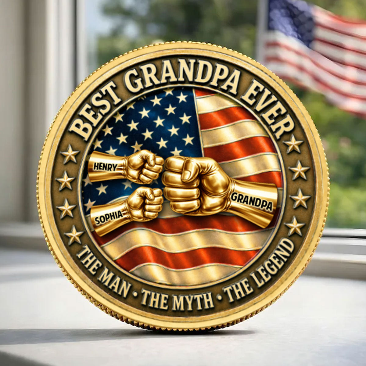 Proud American Best Dad Grandpa Ever Fist Bump - Personalized Commemorative Keepsake Coin - Father's Day Gift For Dad